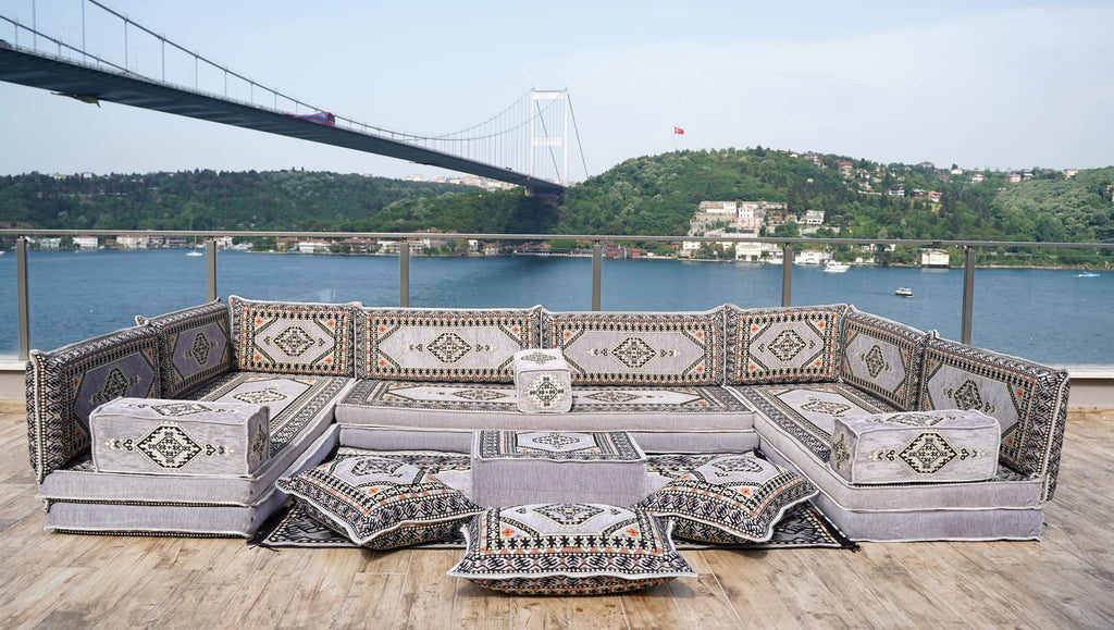Gray L Shaped Pallet Cushions, Arabic Floor Sofa Set, Oriental Floor Seating, Sectional Floor Cushion, Indoor Floor Pillows, Arabic Majlis Set, Sofa Bed (U Sofa + Rug + Ottoman, 8'' Thickness (20 cm))