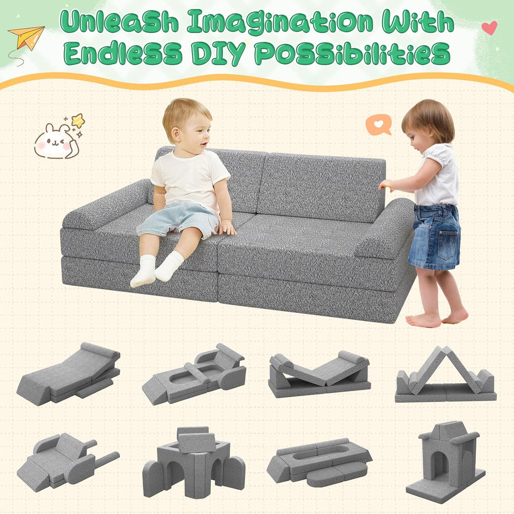 Modular Kids Play Couch with Washable Covers â Foam Toddler Sofa for Creative Play, Climbing, and Lounging â Convertible Kid Sofa Play Furniture for Kids Room or Nursery (Grey)