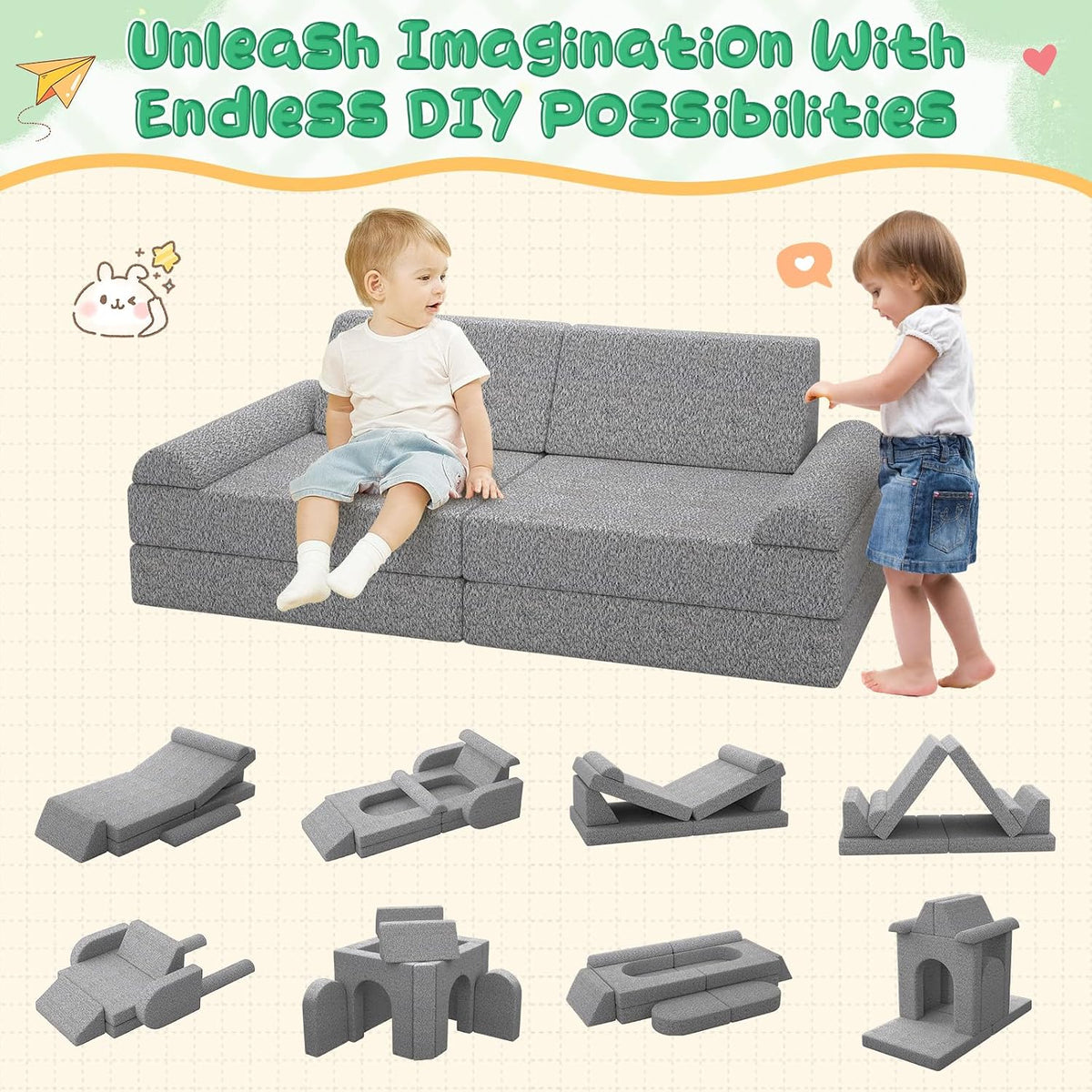Modular Kids Play Couch with Washable Covers â Foam Toddler Sofa for Creative Play, Climbing, and Lounging â Convertible Kid Sofa Play Furniture for Kids Room or Nursery (Grey)