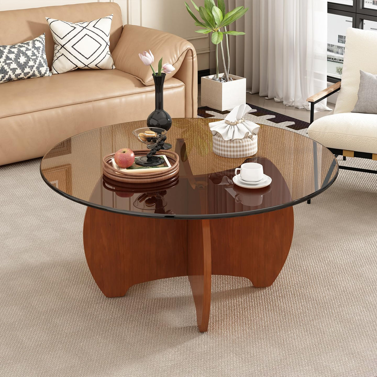 31.5'' Round Coffee Table with Tempered Glass Top, Modern Center Table for Small Spaces - Sturdy Black Board Frame, Simple Design for Living Room, Home, Office - Easy Assembly.