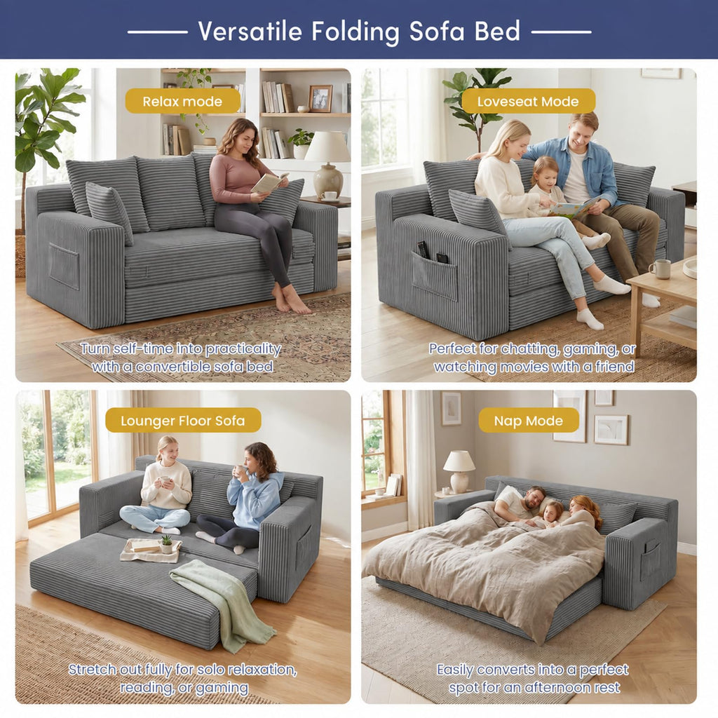 cidludto Convertible Sofa Bed, 3 in 1 Loveseat Folding Couch Bed Foldable - Chaise Lounge Chair & Floor Futon Sofa, Corduroy Pull Out Sofa Bed with 4 Pillows for Living Room, Beige