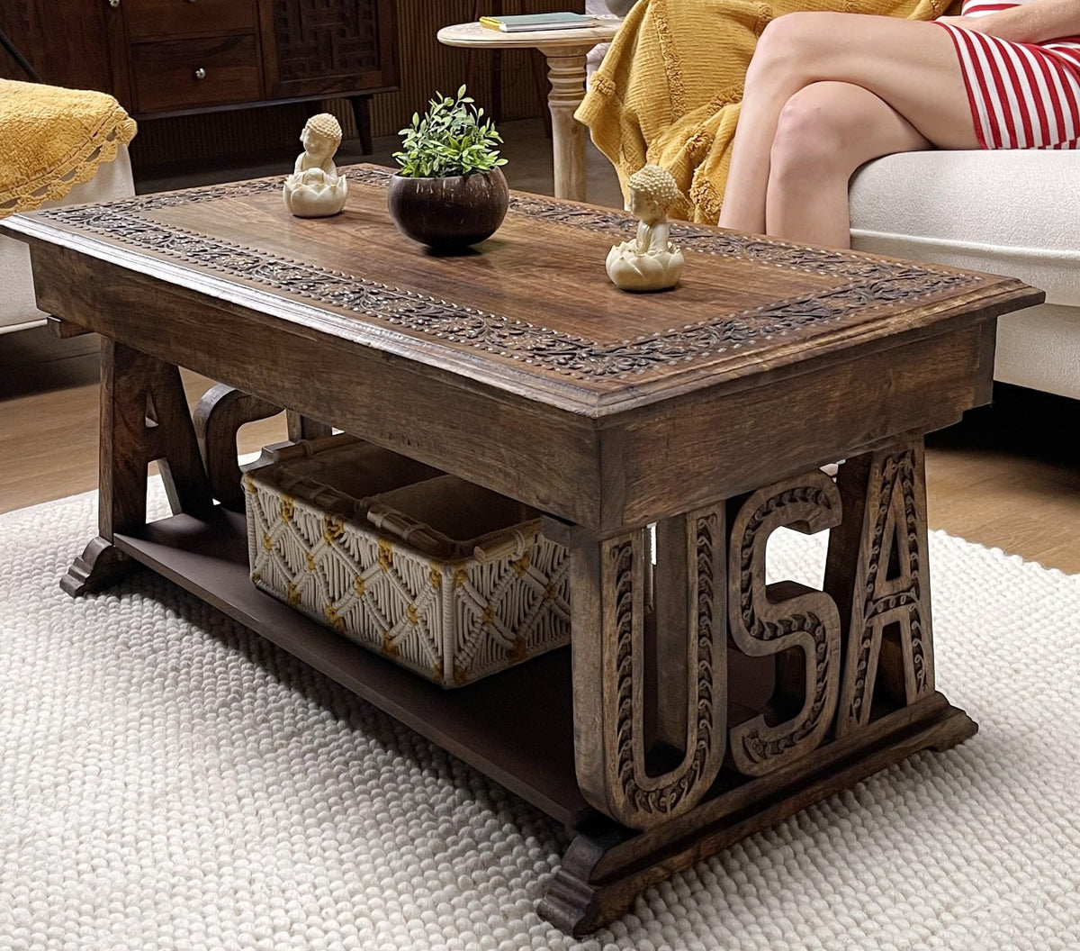 Farmhouse Coffee Table, Jali Carving, 36x24x18 in, Burnt