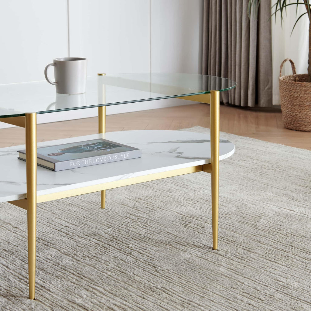 LumFurn Round Coffee Table for Living Room, Mid-Century Modern Design, D30 x H17, 2-Tier Structure, Grey Glass Top and Black Marble Finish Wood Shelf, Sleek Conical Metal Legs with Gold Finish Frame