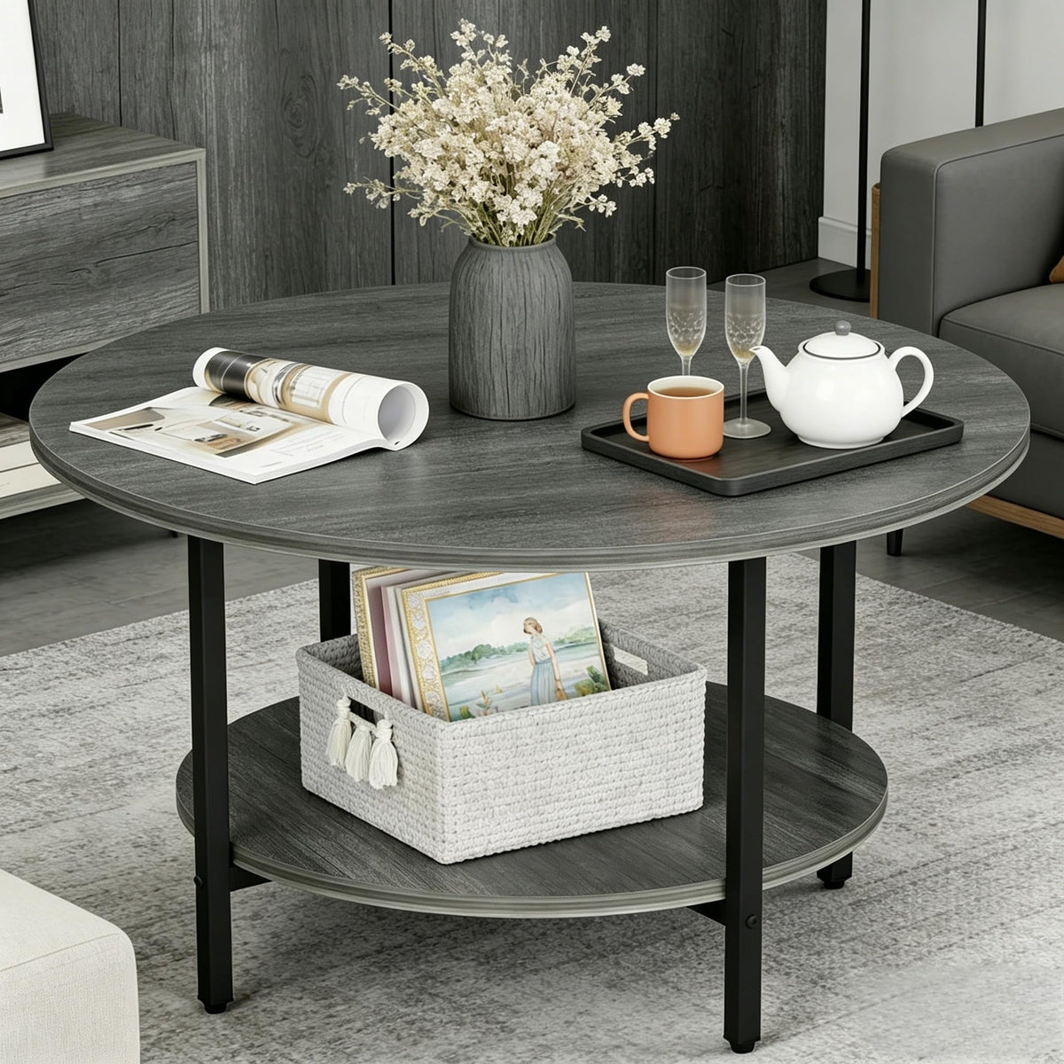 Coffee Tables for Living Room, 27.6" Round Coffee Table, Black Coffee Table
