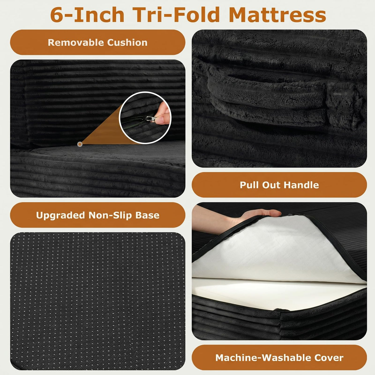 JUIKURY 6 Inch Tri-Fold Memory Foam Mattress Queen Size, 5 in 1 Convertible Sofa Bed, Foldable Floor Futon Sleeper Couch with Washable Cover & High-Density Foam, Portable Guest Bed for Living Room