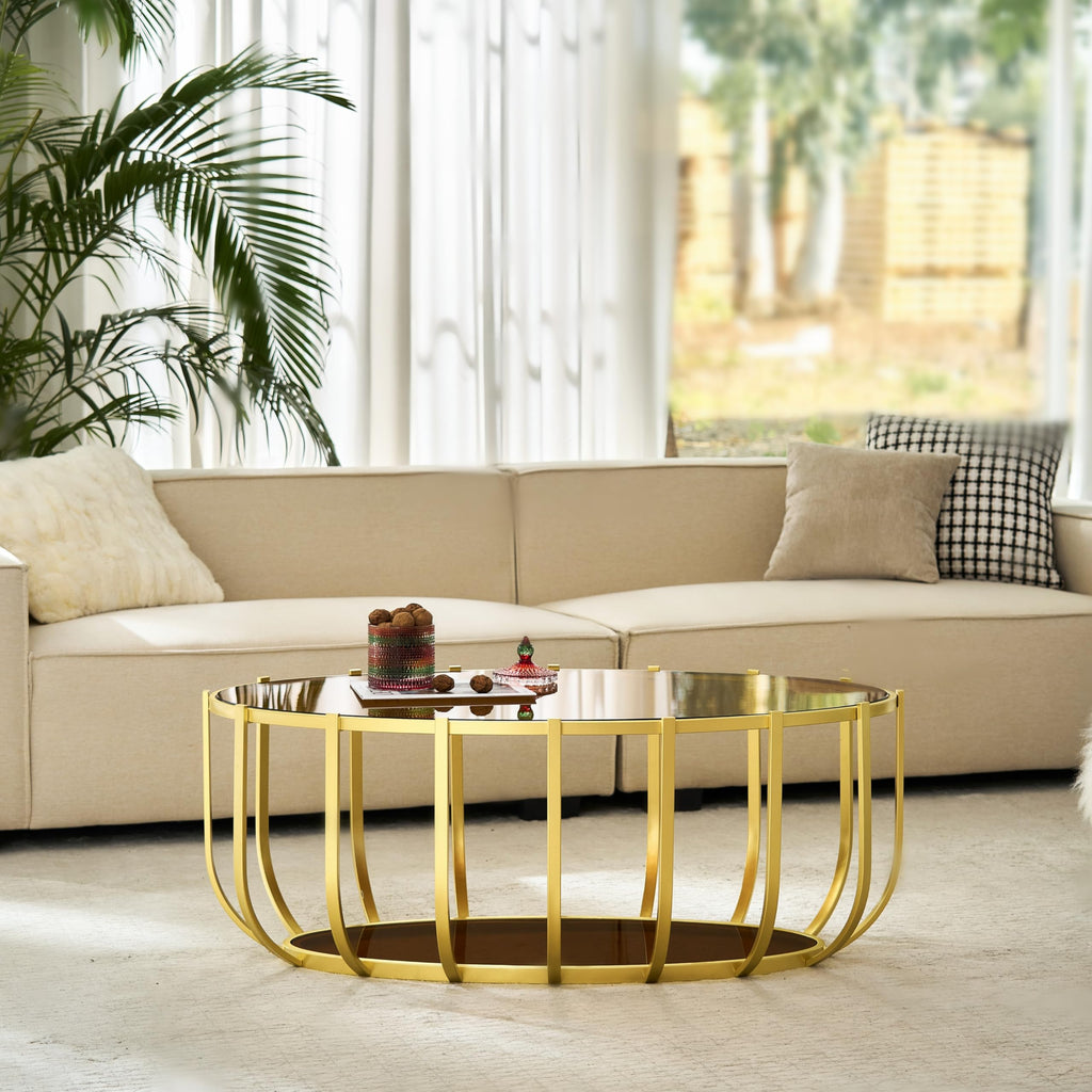 Saint Mossi Gold Round Coffee Table with Clear Glass Top and Glass Shelf