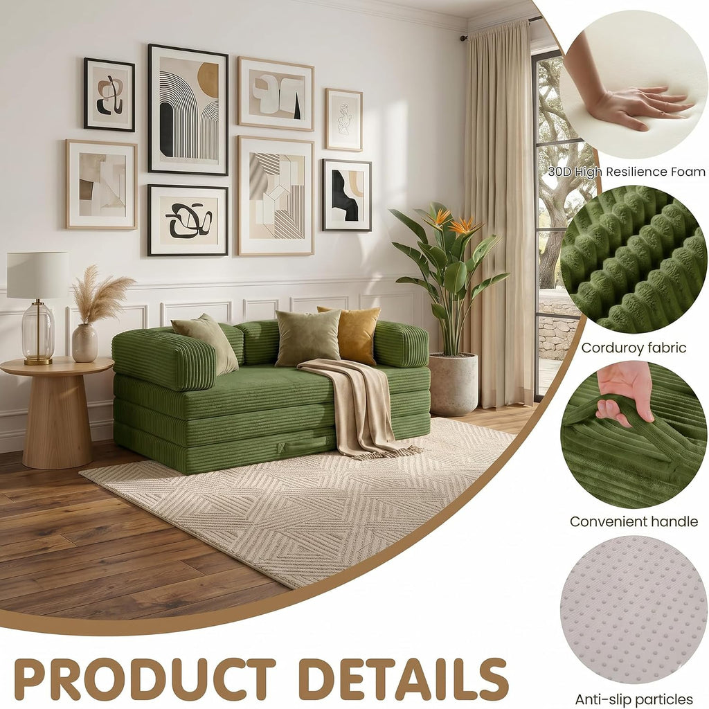 Convertible Sofa Bed Queen,5-in-1 Boneless Couch with Removable Armrests & Handle,Corduroy Futon Sleeper Sofa,Floor Folding Mattress Pull Out Bed for Small Space Apartment Living Room Bedroom,Green