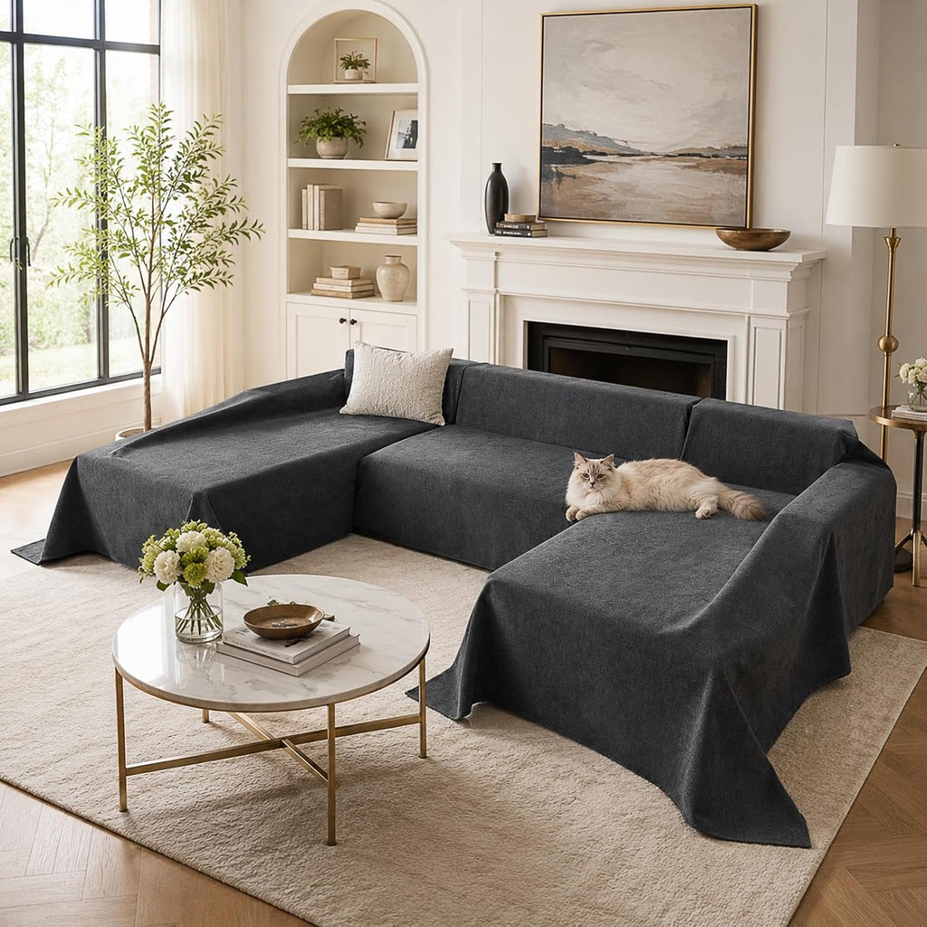 Deep Dream Sectional Couch Covers U Shape, 3 Pieces Waterproof Sofa Cover for Sectional Sofa, Non Slip U Shaped Couch Cover with Chaise Lounge for Dogs Pets, Dark Grey (2PCS 110"x63" + 1PCS 90"x71")