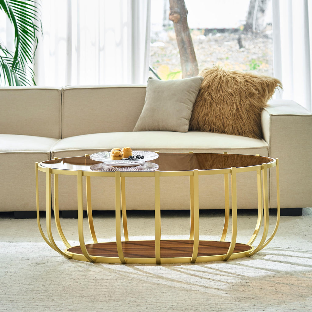 Saint Mossi Gold Round Coffee Table with Clear Glass Top and Glass Shelf