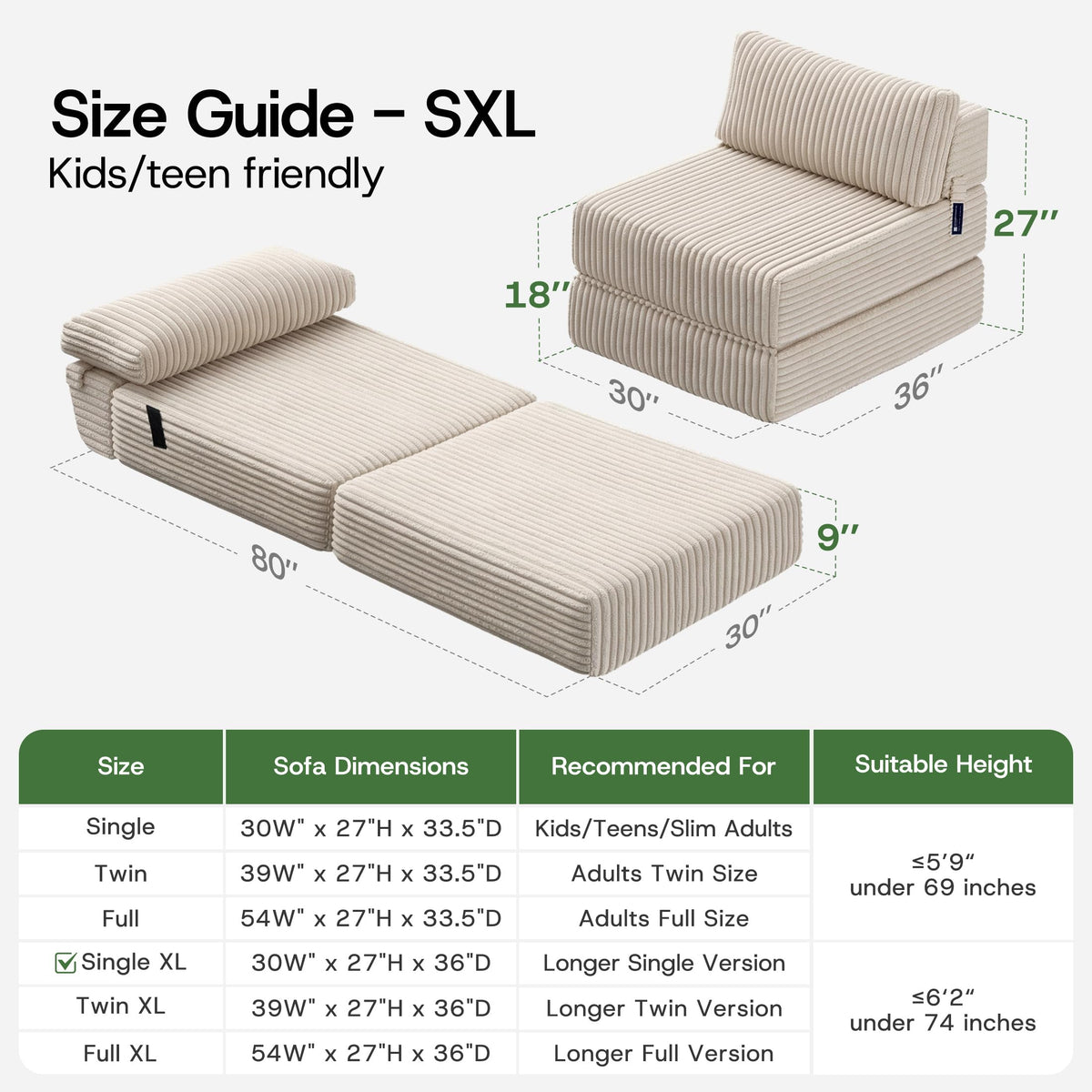 Folding Sofa Bed Convertible 4 in 1 Sleeper Chair Black Single