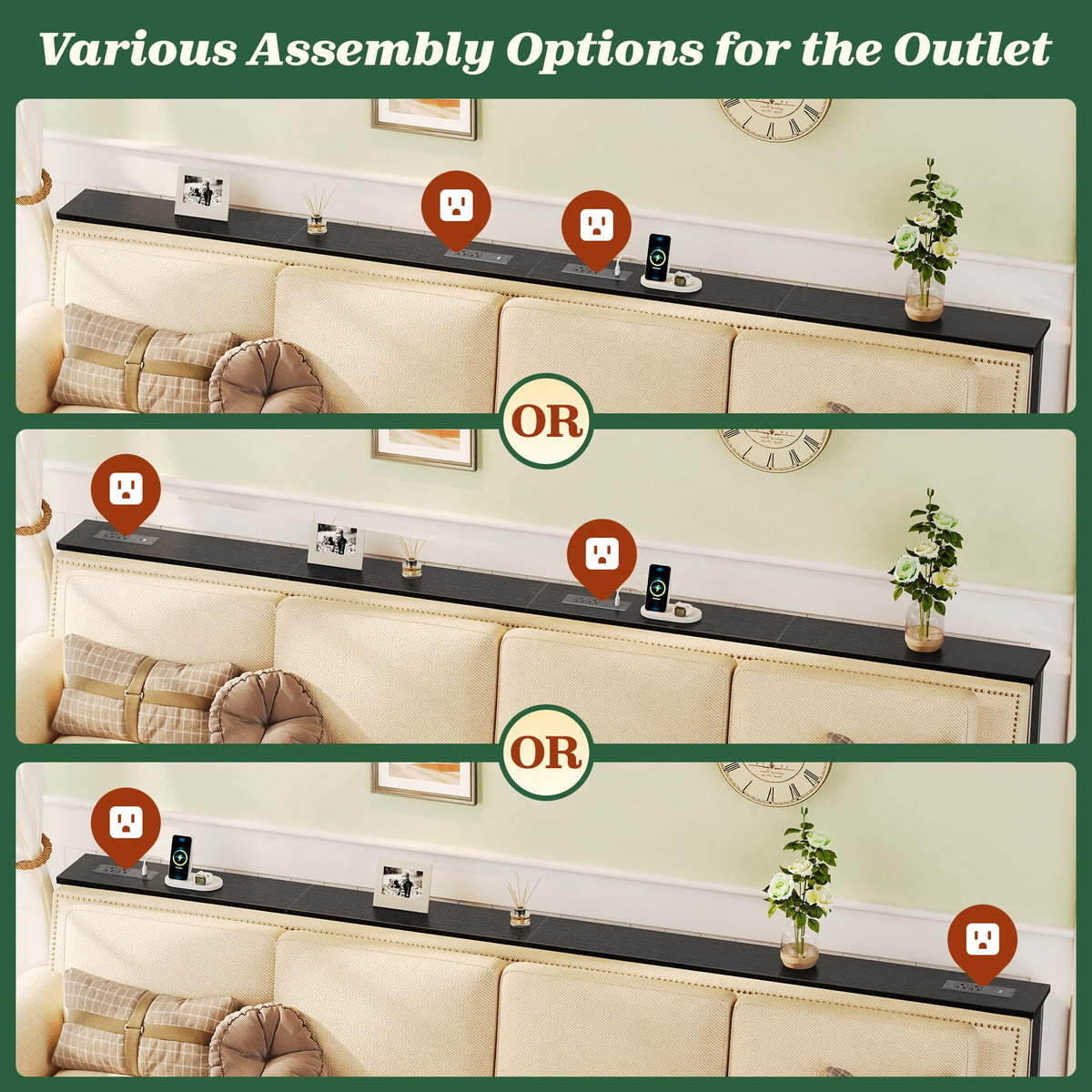 SUPERJARE 110.2 inch Narrow Behind Couch Table with Charging Stations