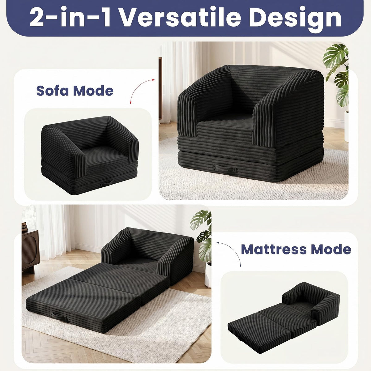 JUIKURY Convertible Sofa Bed, 3-in-1 Foldable Loveseat Couch with Armrest, Corduroy Floor Sofa & Sleeper Bed, No Assembly High-Density Foam Futon Mattress for Living Room, Small Apartment, Dorm
