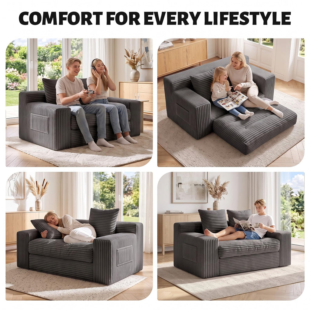 Small Boneless Couch, Boneless Loveseat Convertible Sofa Bed Sleeper Sofa Couch Bed with 2 Pillows, Corduroy Folding Floor Futon Foldable Boneless Couch for Living Room, Guest Room, Small Space, Black