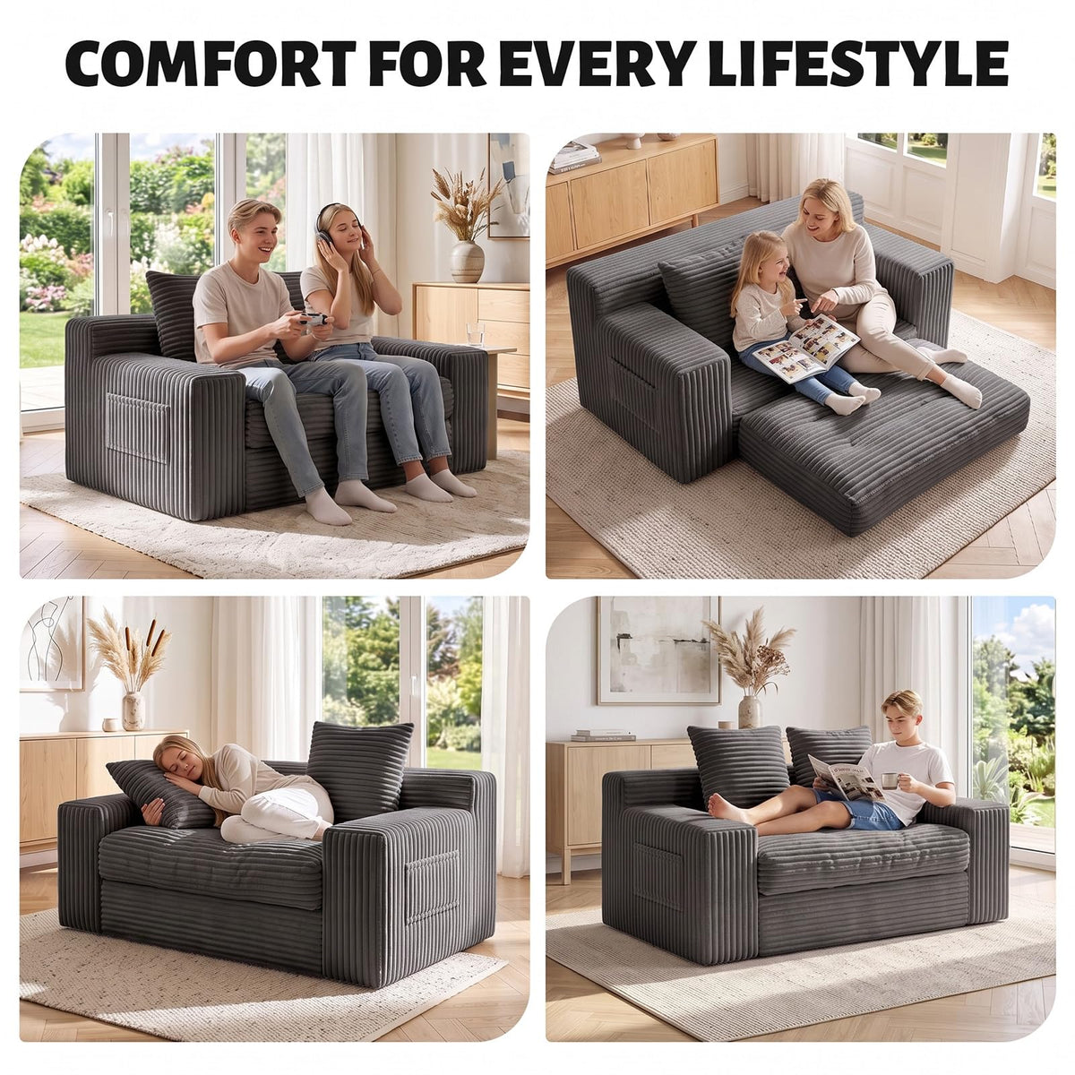 Small Boneless Couch, Boneless Loveseat Convertible Sofa Bed Sleeper Sofa Couch Bed with 2 Pillows, Corduroy Folding Floor Futon Foldable Boneless Couch for Living Room, Guest Room, Small Space, Black