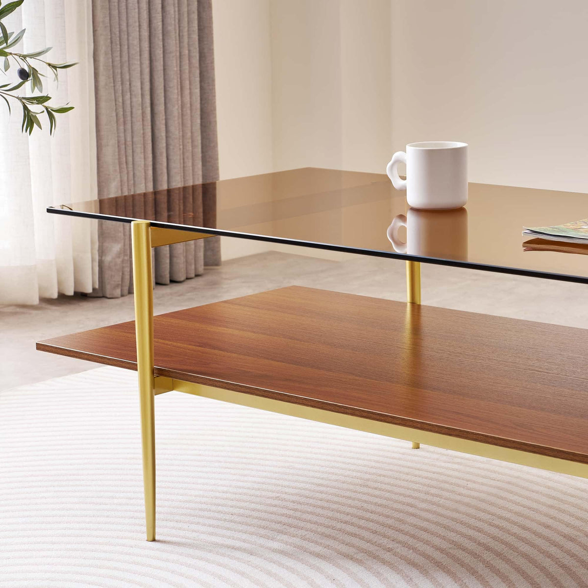 LumFurn Round Coffee Table for Living Room, Mid-Century Modern Design, D30 x H17, 2-Tier Structure, Grey Glass Top and Black Marble Finish Wood Shelf, Sleek Conical Metal Legs with Gold Finish Frame
