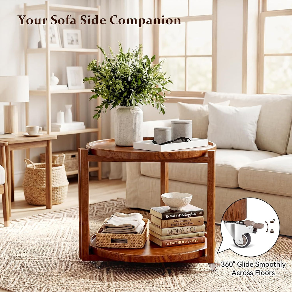 Taitiy Rolling Side Table with Wheels, Small Solid Wood Round End Table