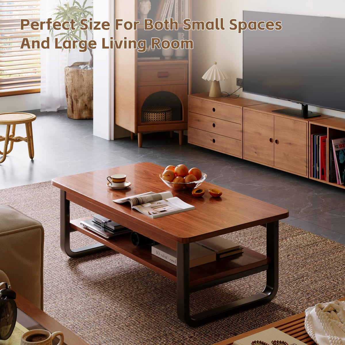 Coffee Table for Living Room with 2-Tier Storage Shelf, 39 inch Rectangular Wooden Center Table, Large Industrial Coffee Tables with Metal Leg & Rounded Corners for Home Office(Black)