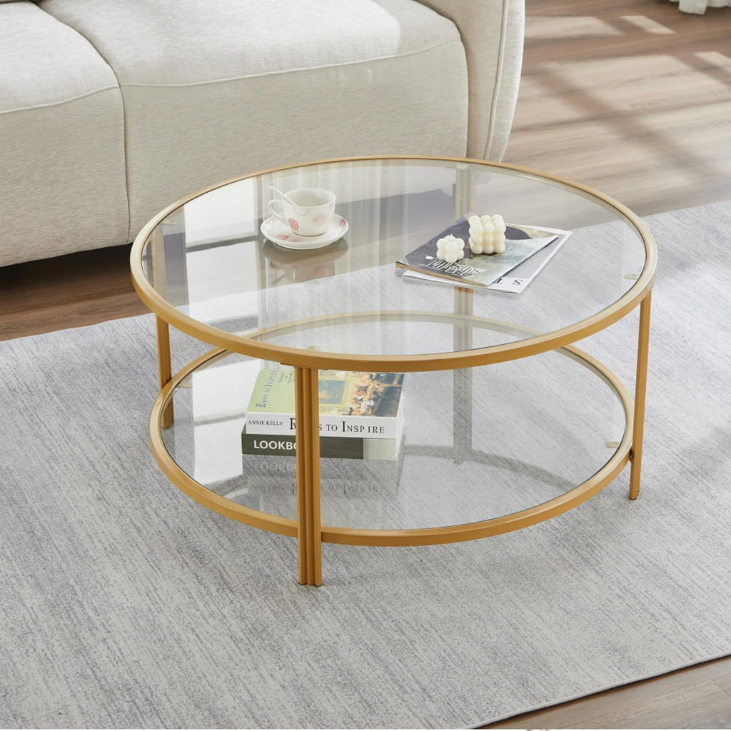 36" Round Glass Coffee Table,Gold Circle Coffee Table with Storage