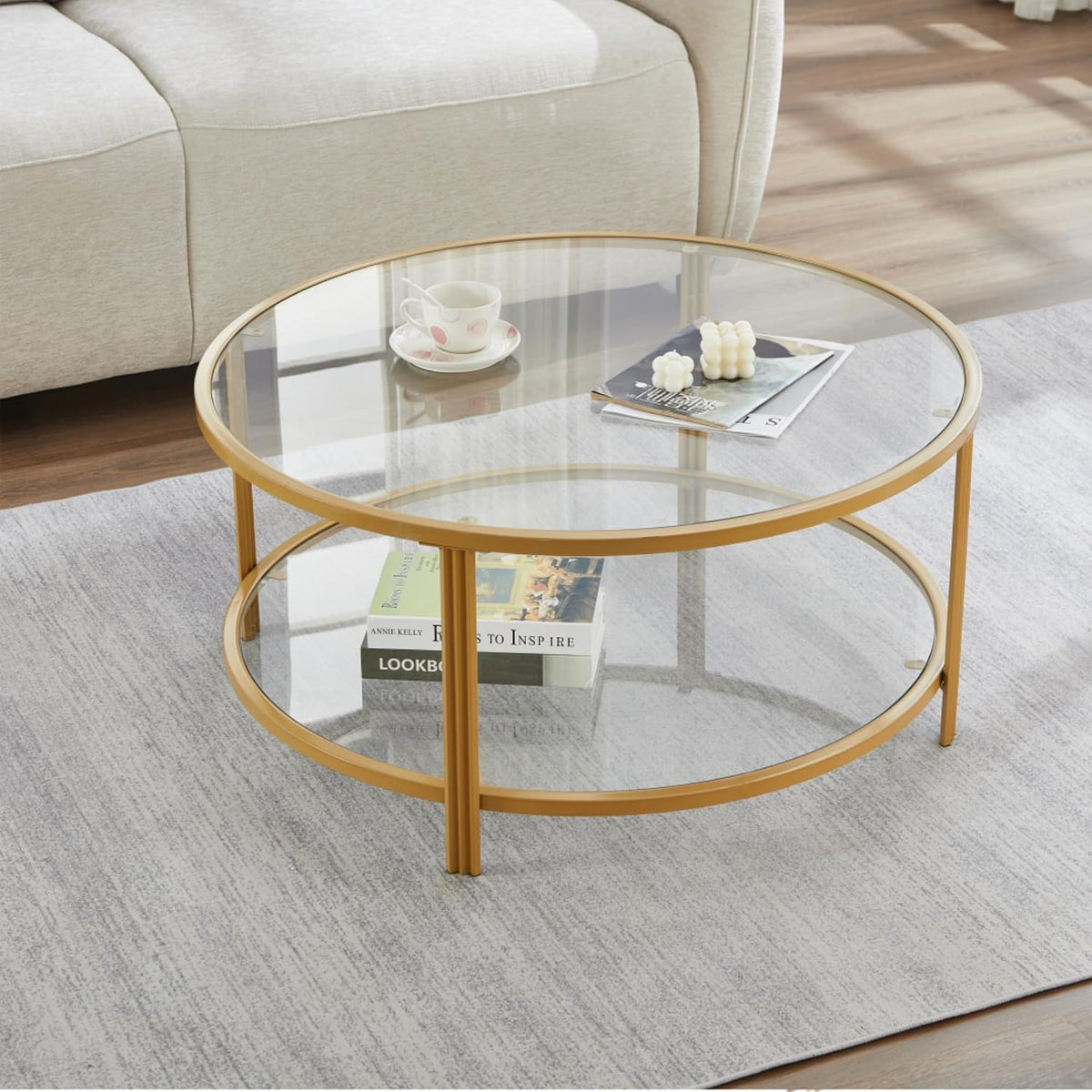 36" Round Glass Coffee Table,Gold Circle Coffee Table with Storage