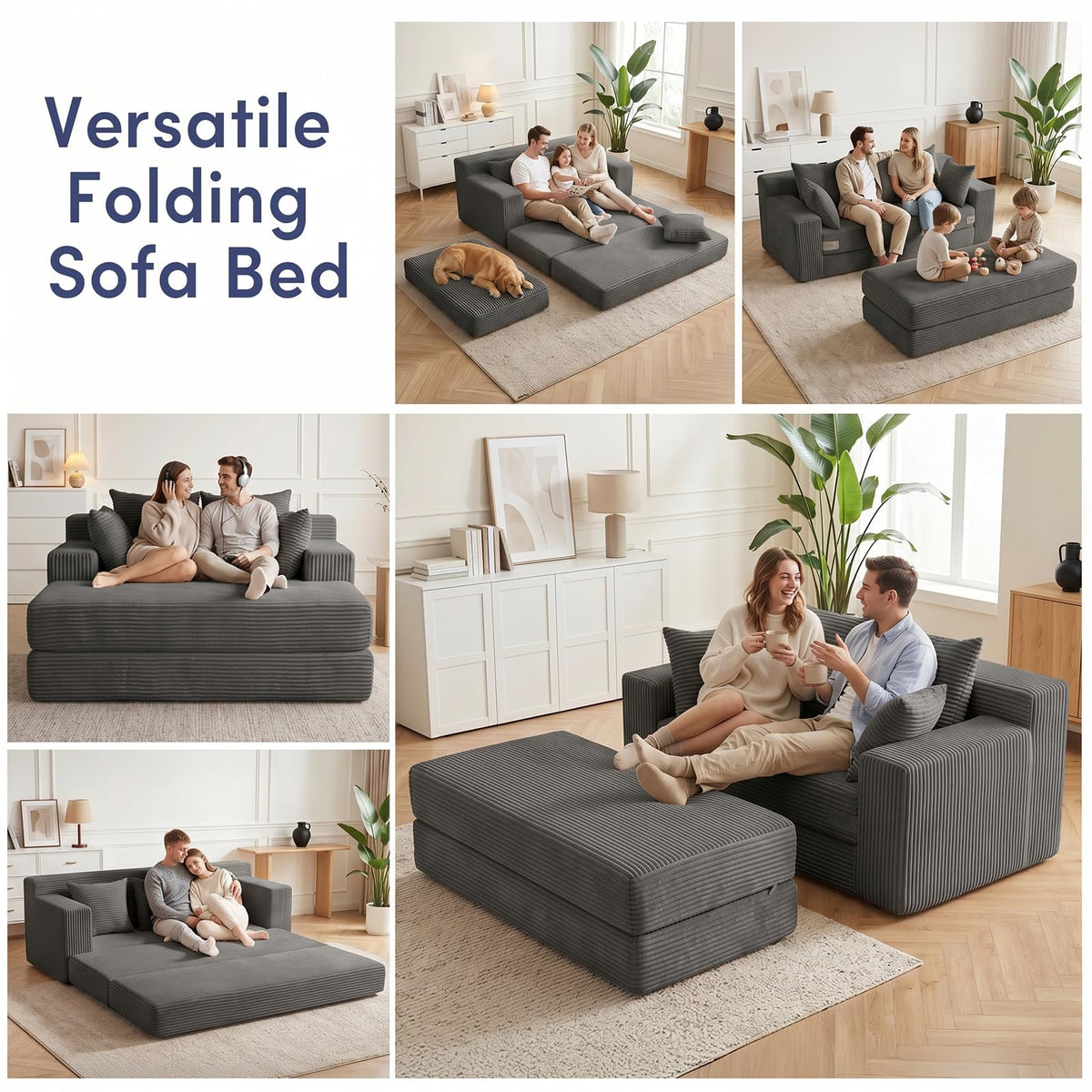 cidludto Convertible Sofa Bed, 3 in 1 Loveseat Folding Couch Bed Foldable - Chaise Lounge Chair & Floor Futon Sofa, Corduroy Pull Out Sofa Bed with 4 Pillows for Living Room, Beige
