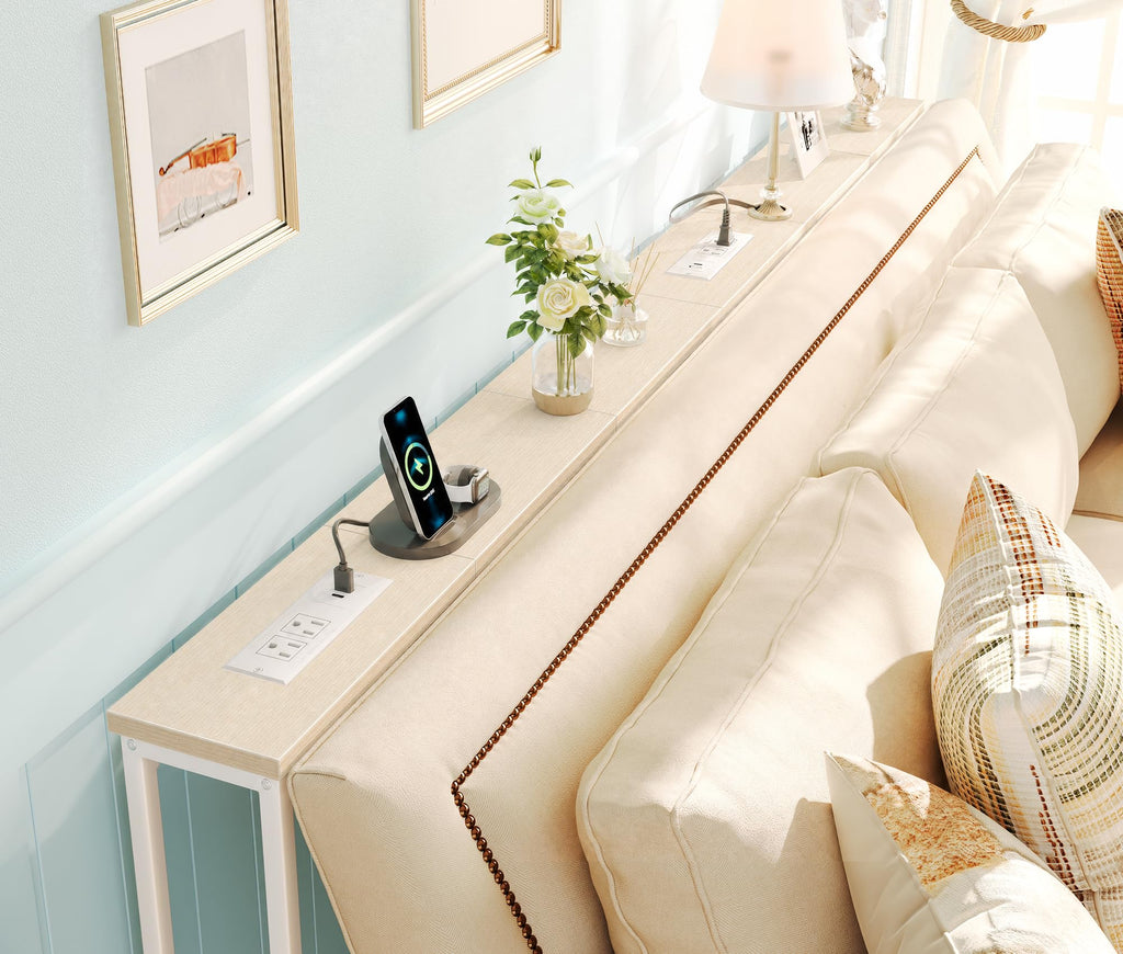SUPERJARE 110.2 inch Narrow Behind Couch Table with Charging Stations