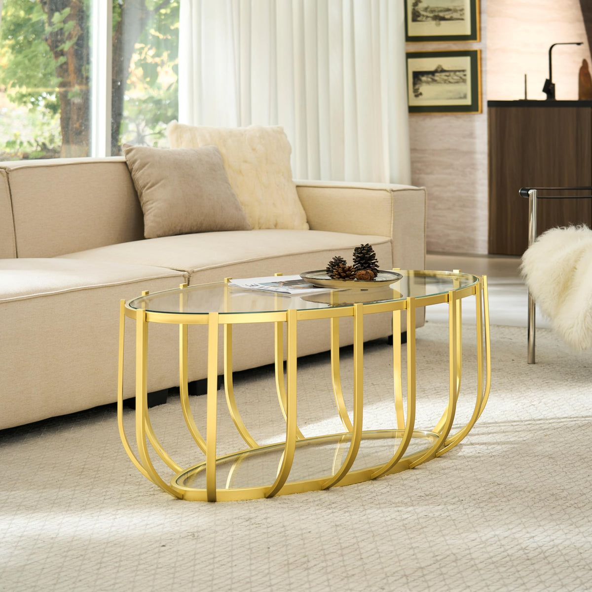 Saint Mossi Gold Round Coffee Table with Clear Glass Top and Glass Shelf