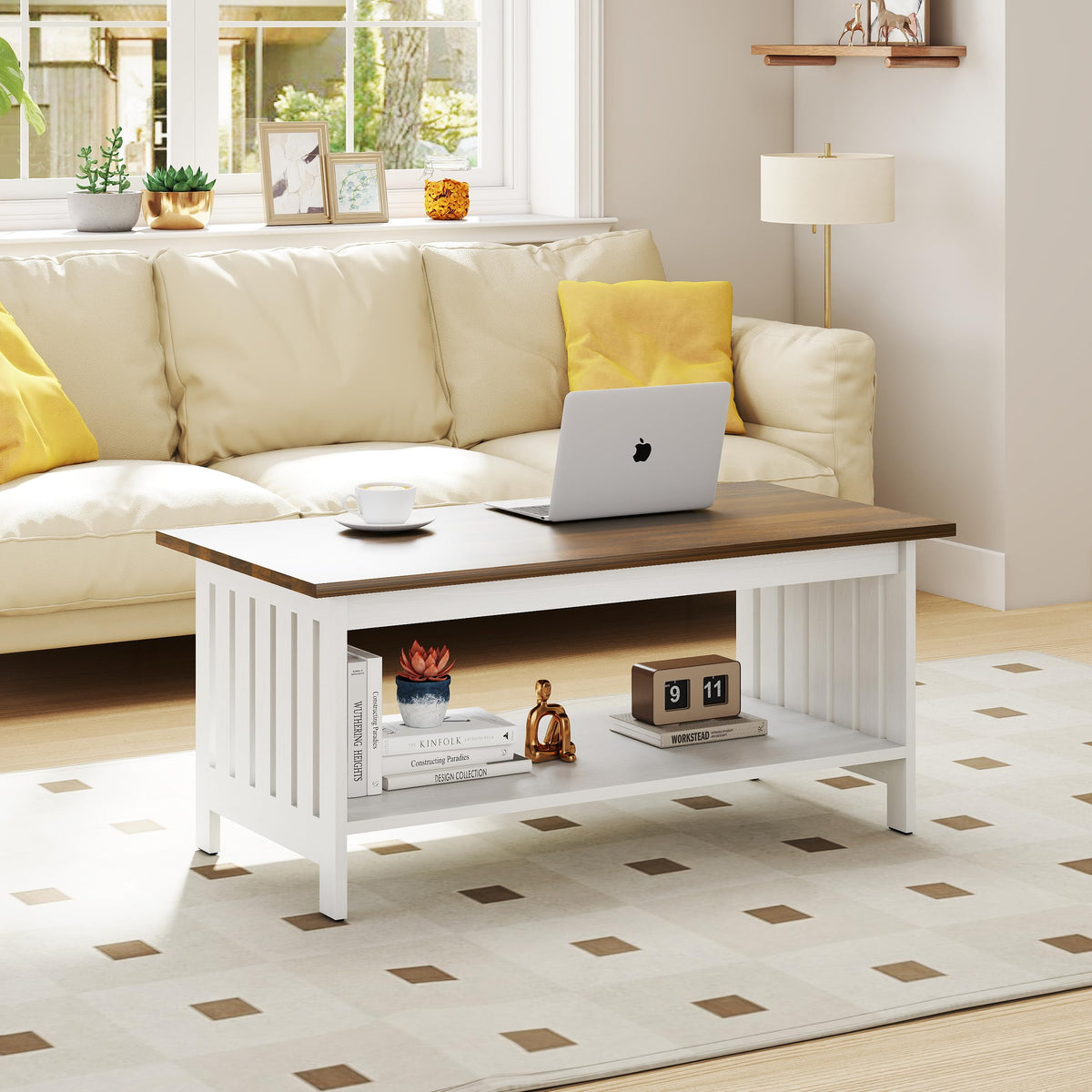 YOSHOOT 47.2" Farmhouse Coffee Table - Coffee Tables for Living Room, Small Coffee Table with Storage, Center Table for Living Room, Bedroom, Office, Black