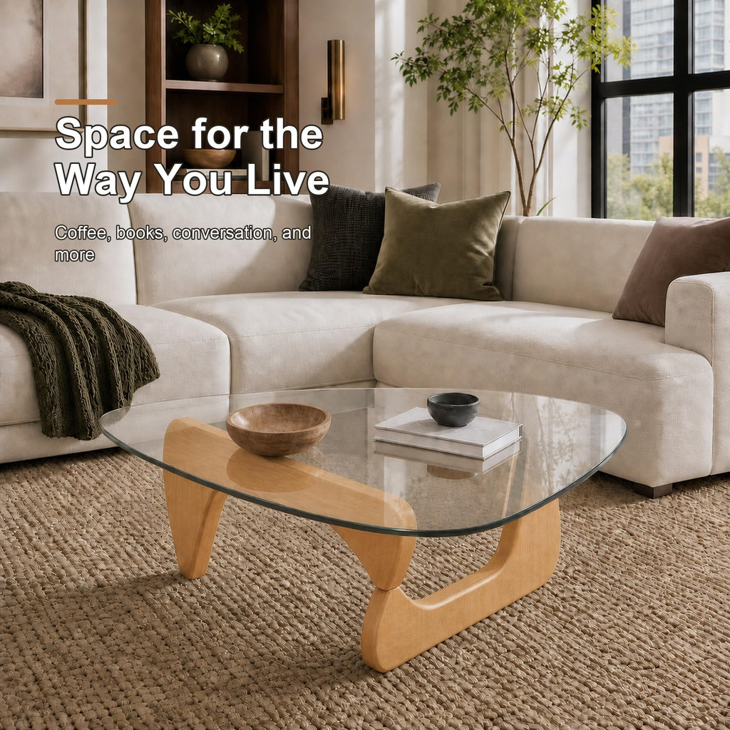EASYSOUL Modern Glass Coffee Table, 32.68" D x 22.44" W x 15.75" H, Abstract Round Tea Tables for Living Room Home Office Industrial Cocktail Tables (Walnut-Brown Glass, 32.68")