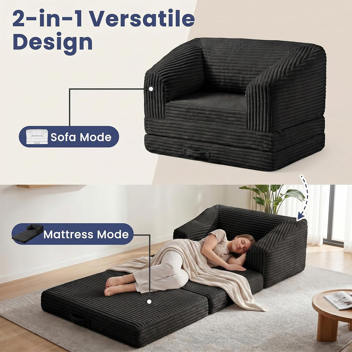 Convertible Folding Sofa Bed, 2-in-1 Single Boneless Sofa with Soft Corduroy & Ultra-Thick Backrest, Foldable Boneless Chair Lounger Sleeper Sofa for Small Apartment, Living Room, Home Office