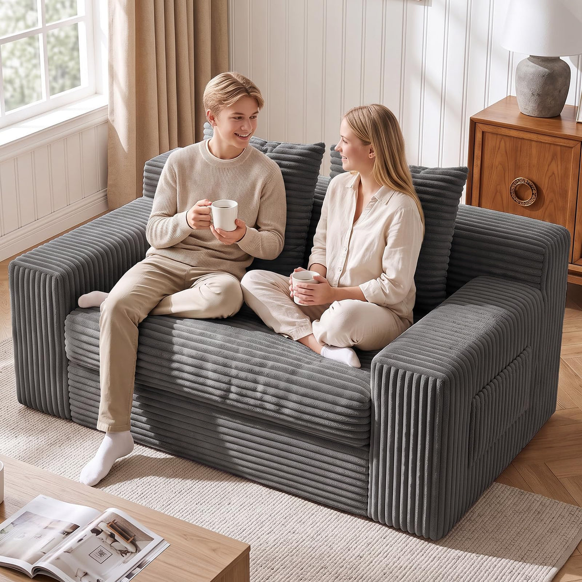 Boneless Couches for Living Room, 2 Seater Boneless Loveseat Sofa, Premium Memory Foam Couch in a Box, Cozy Bean Bag Couch, Lazy Floor Sofa & Loveseat for Bedroom Office Lounge Apartment,Beige