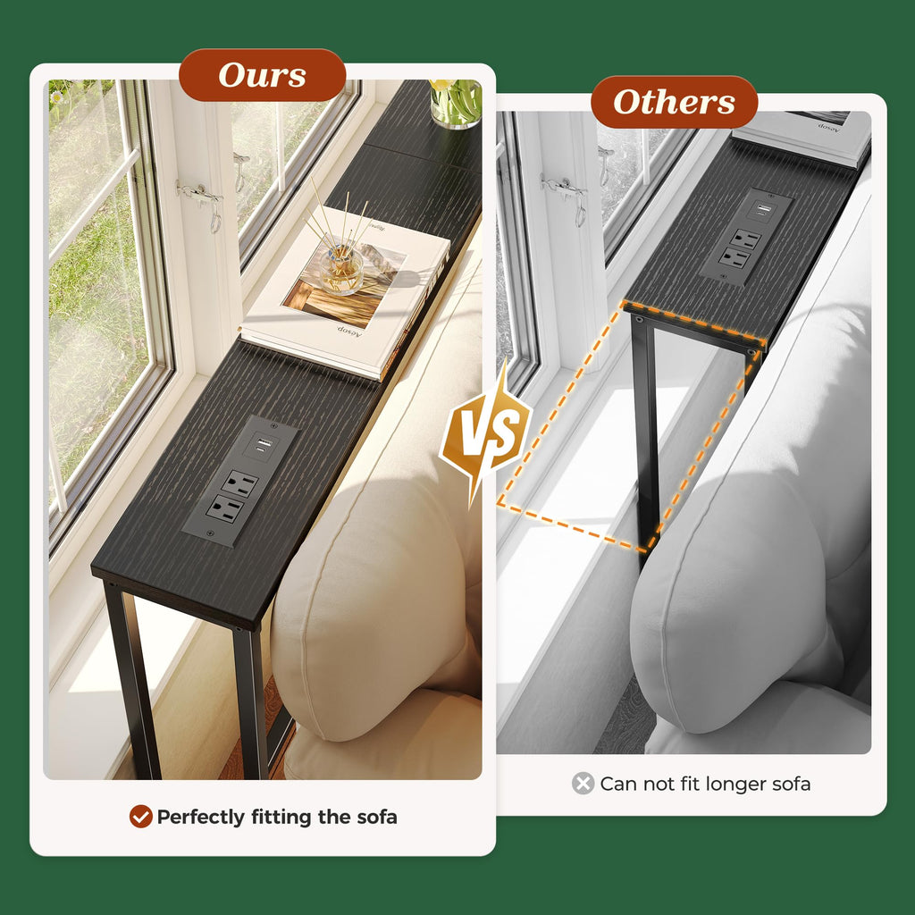 SUPERJARE 110.2 inch Narrow Behind Couch Table with Charging Stations