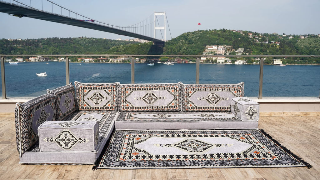 Gray L Shaped Pallet Cushions, Arabic Floor Sofa Set, Oriental Floor Seating, Sectional Floor Cushion, Indoor Floor Pillows, Arabic Majlis Set, Sofa Bed (U Sofa + Rug + Ottoman, 8'' Thickness (20 cm))