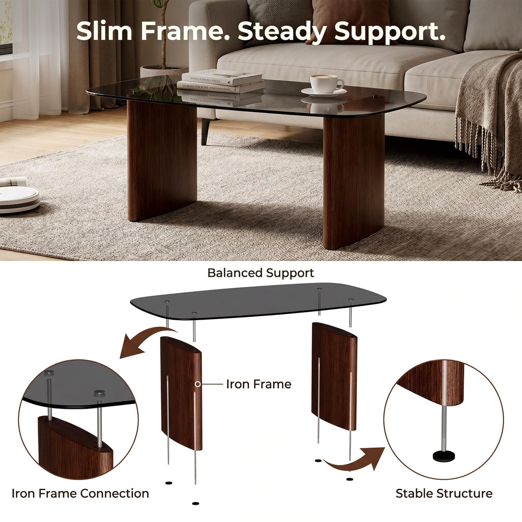 Honyee Glass Coffee Table, 30.7â Round Coffee Table with Tempered Glass Top, Walnut Wood X-Shaped Base, Stable Modern Center Table for Living Room, Apartment and Small Spaces