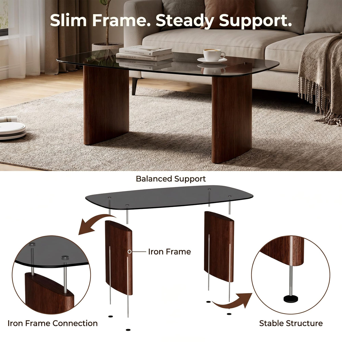 Honyee Glass Coffee Table, 30.7â Round Coffee Table with Tempered Glass Top, Walnut Wood X-Shaped Base, Stable Modern Center Table for Living Room, Apartment and Small Spaces