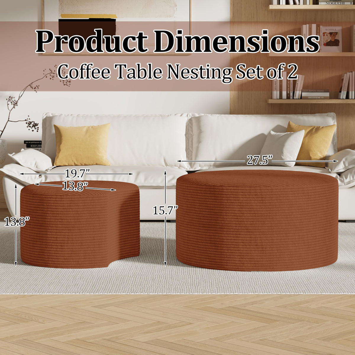 Round Nesting Coffee Table Set of 2,Upholstered Foam Ottoman Footrest Side Table Set,Modern Flannel Circle Coffee Table No Assembly for Living Room Entryway Bedroom,Black