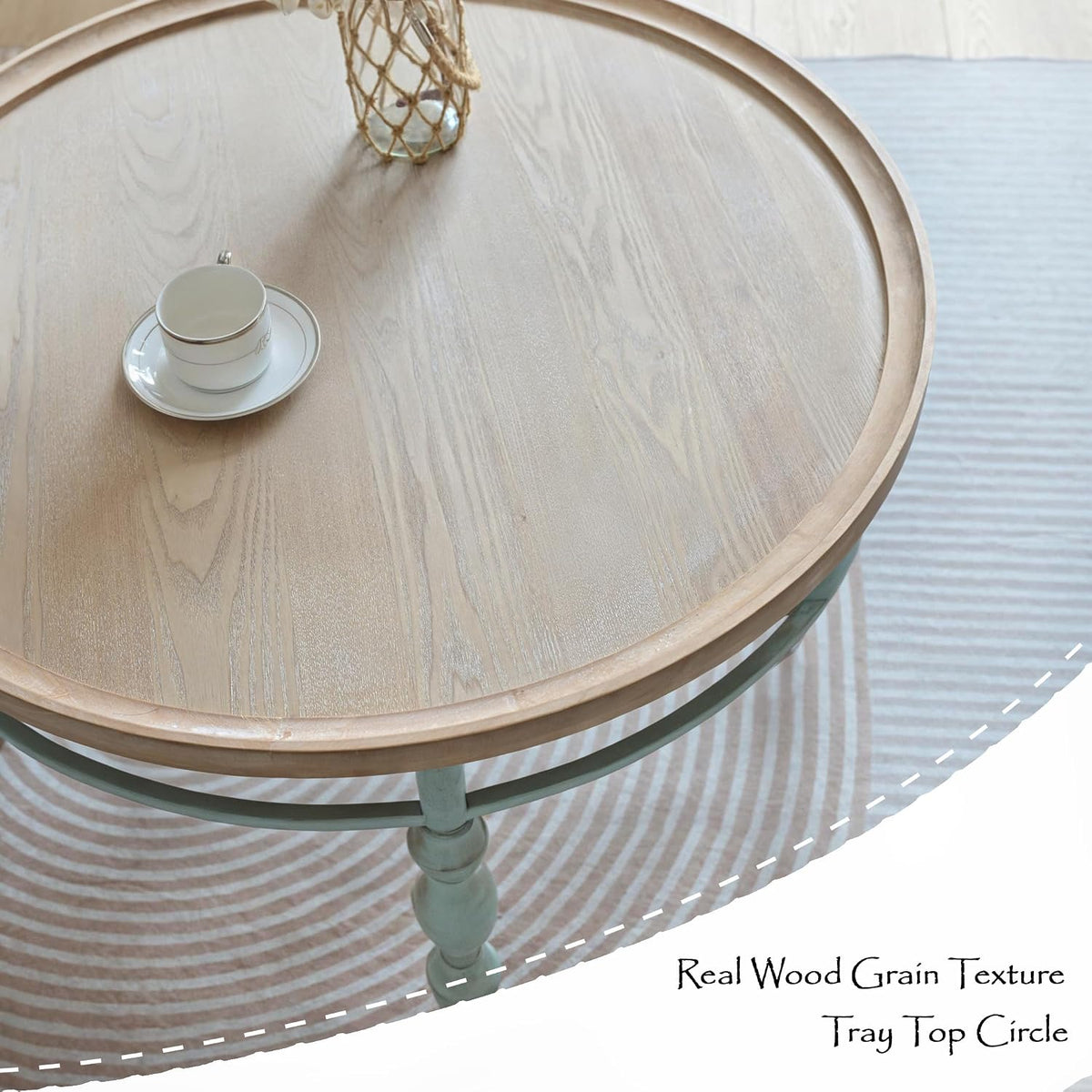 Rustic Farmhouse Round Coffee Table, French Country Vintage Center Table,Ï31.5'' x18.9''H Rustic Solid Wood with Vintage Iron Legs, for Living Room, Bedroom,Dinning Room,Nature White