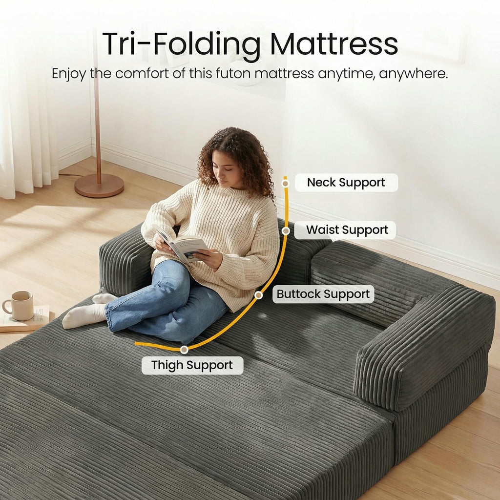Erament Futon Sofa Bed Queen, Convertible Tri Folding Mattress Foldable with Removable Armrests & Washable Cover, 5-Inch Floor Mattress with High-Density Foam, Small Pull Out Couch Bed, Beige