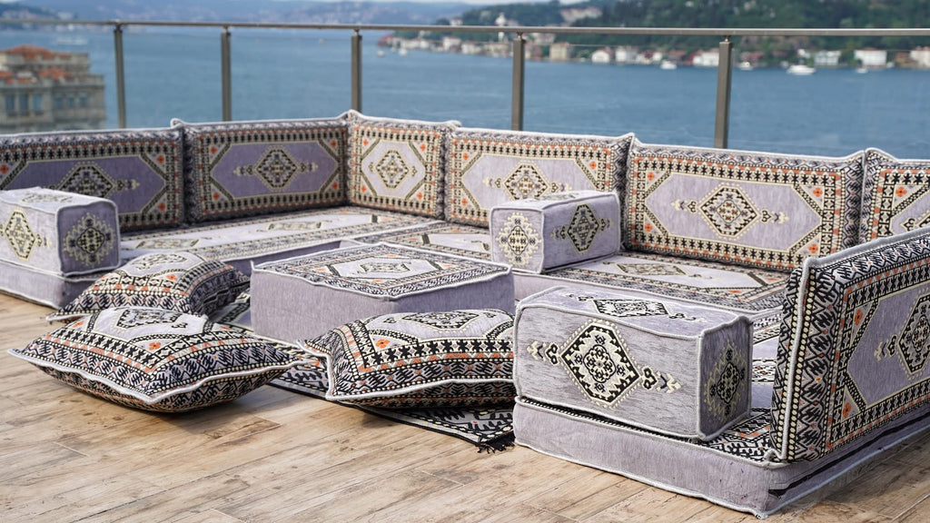 Gray L Shaped Pallet Cushions, Arabic Floor Sofa Set, Oriental Floor Seating, Sectional Floor Cushion, Indoor Floor Pillows, Arabic Majlis Set, Sofa Bed (U Sofa + Rug + Ottoman, 8'' Thickness (20 cm))