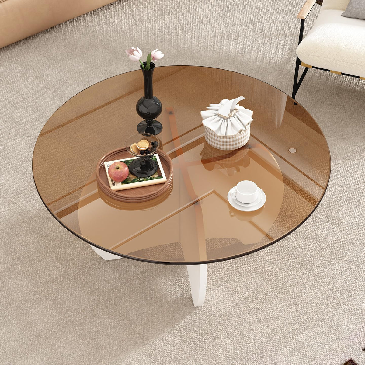 31.5'' Round Coffee Table with Tempered Glass Top, Modern Center Table for Small Spaces - Sturdy Black Board Frame, Simple Design for Living Room, Home, Office - Easy Assembly.