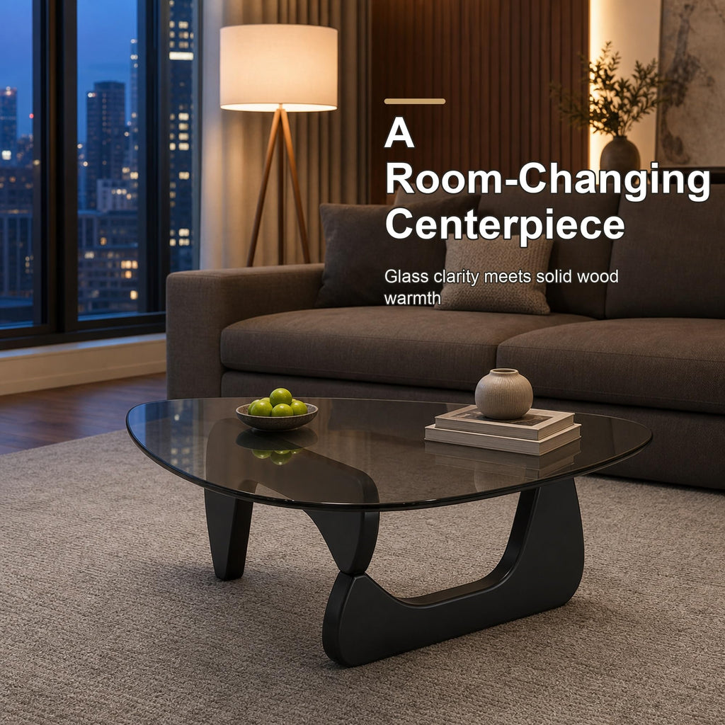 EASYSOUL Modern Glass Coffee Table, 32.68" D x 22.44" W x 15.75" H, Abstract Round Tea Tables for Living Room Home Office Industrial Cocktail Tables (Walnut-Brown Glass, 32.68")