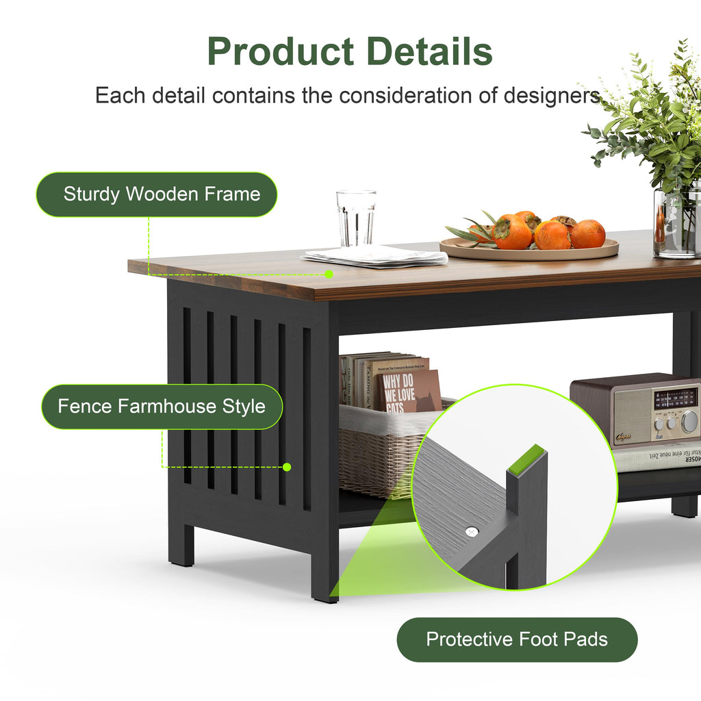 YOSHOOT 47.2" Farmhouse Coffee Table - Coffee Tables for Living Room, Small Coffee Table with Storage, Center Table for Living Room, Bedroom, Office, Black