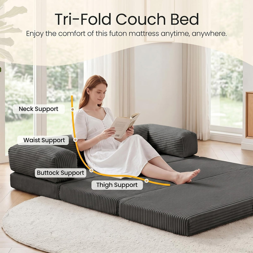 Erament Futon Sofa Bed Queen, Convertible Tri Folding Mattress Foldable with Removable Armrests & Washable Cover, 5-Inch Floor Mattress with High-Density Foam, Small Pull Out Couch Bed, Beige