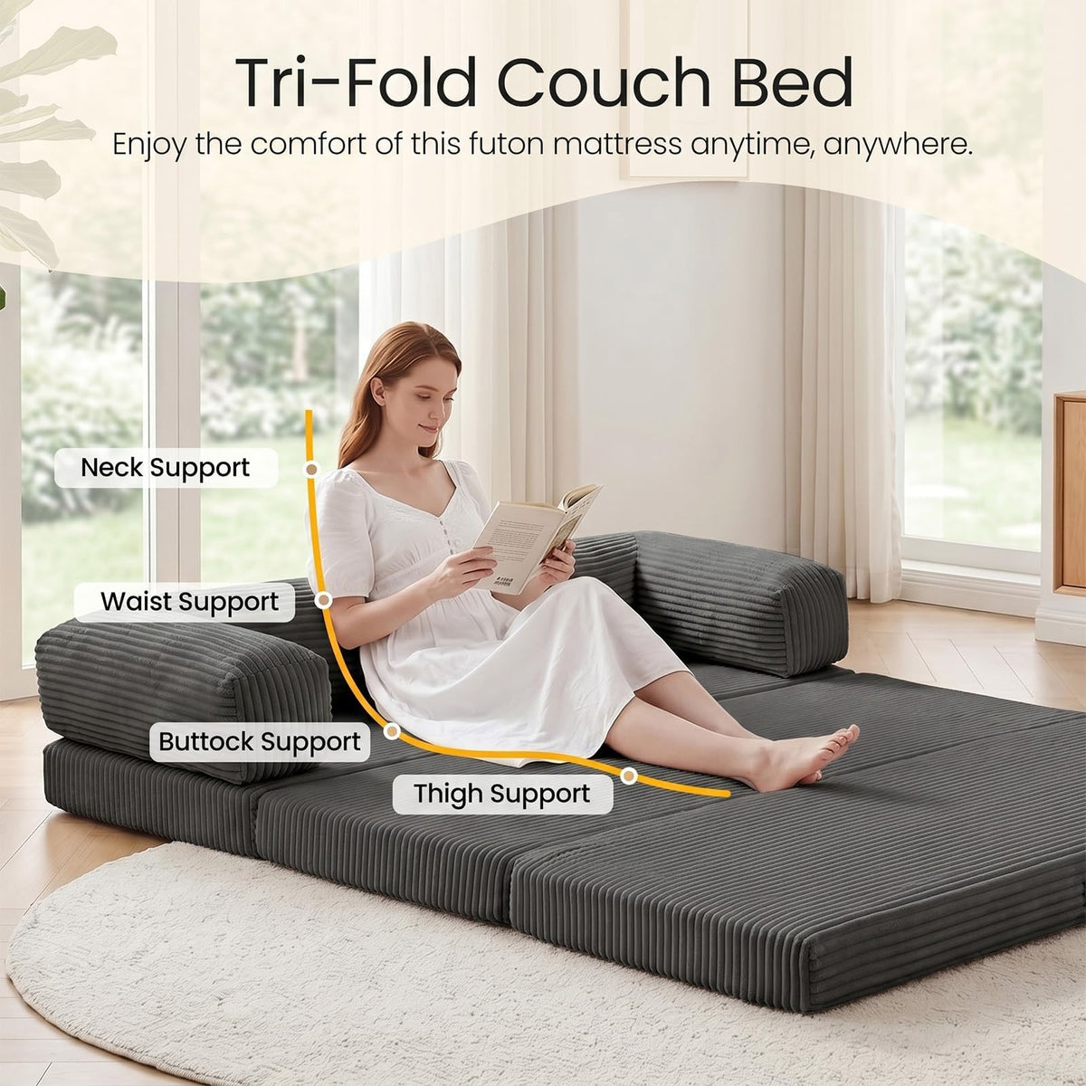 Erament Futon Sofa Bed Queen, Convertible Tri Folding Mattress Foldable with Removable Armrests & Washable Cover, 5-Inch Floor Mattress with High-Density Foam, Small Pull Out Couch Bed, Beige