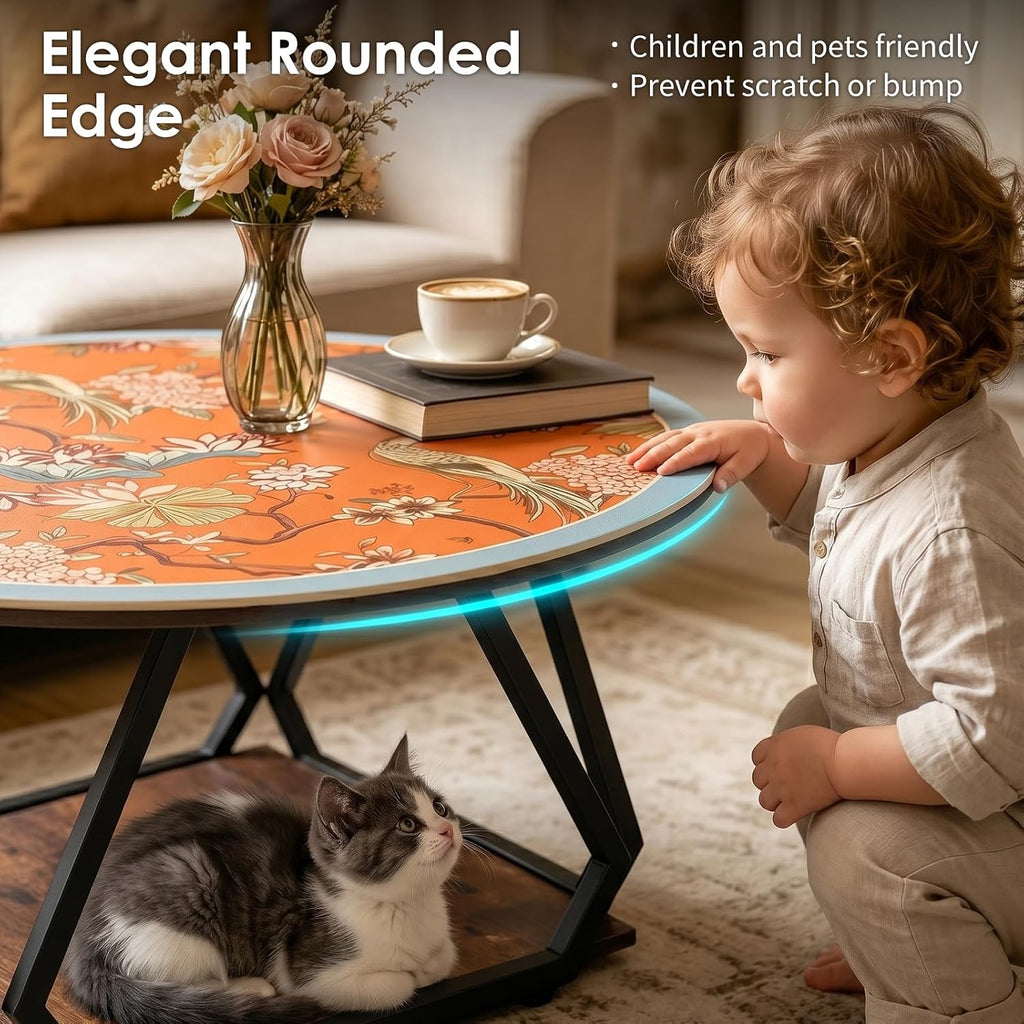 31.5" Round Coffee Table with Orange Table Mat, 2-Tier Circle Center Table