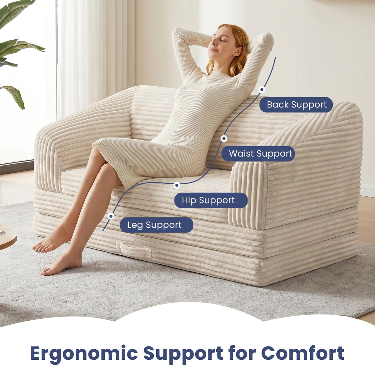 Convertible Folding Sofa Bed, 2-in-1 Single Boneless Sofa with Soft Corduroy & Ultra-Thick Backrest, Foldable Boneless Chair Lounger Sleeper Sofa for Small Apartment, Living Room, Home Office