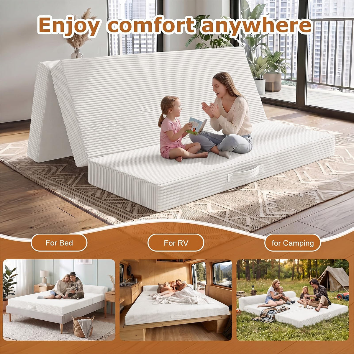 JUIKURY 6 Inch Tri-Fold Memory Foam Mattress Queen Size, 5 in 1 Convertible Sofa Bed, Foldable Floor Futon Sleeper Couch with Washable Cover & High-Density Foam, Portable Guest Bed for Living Room