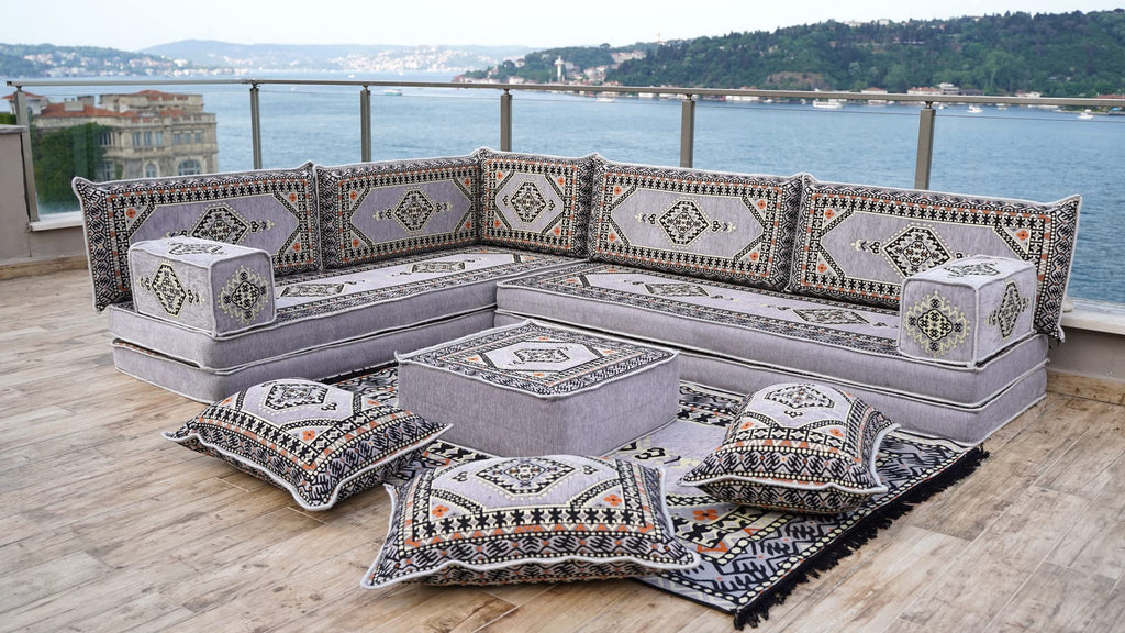 Gray L Shaped Pallet Cushions, Arabic Floor Sofa Set, Oriental Floor Seating, Sectional Floor Cushion, Indoor Floor Pillows, Arabic Majlis Set, Sofa Bed (U Sofa + Rug + Ottoman, 8'' Thickness (20 cm))