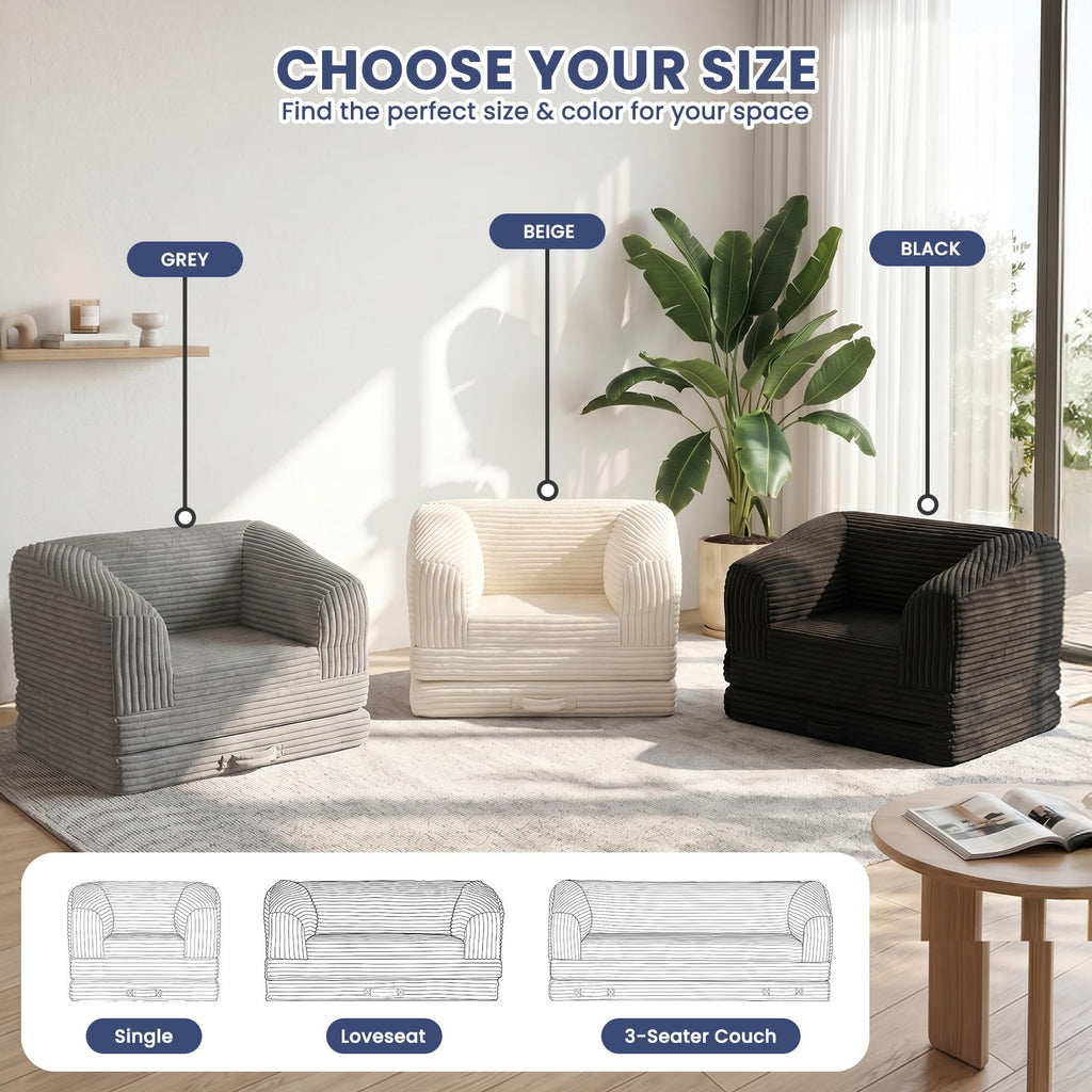Convertible Folding Sofa Bed, 2-in-1 Single Boneless Sofa with Soft Corduroy & Ultra-Thick Backrest, Foldable Boneless Chair Lounger Sleeper Sofa for Small Apartment, Living Room, Home Office