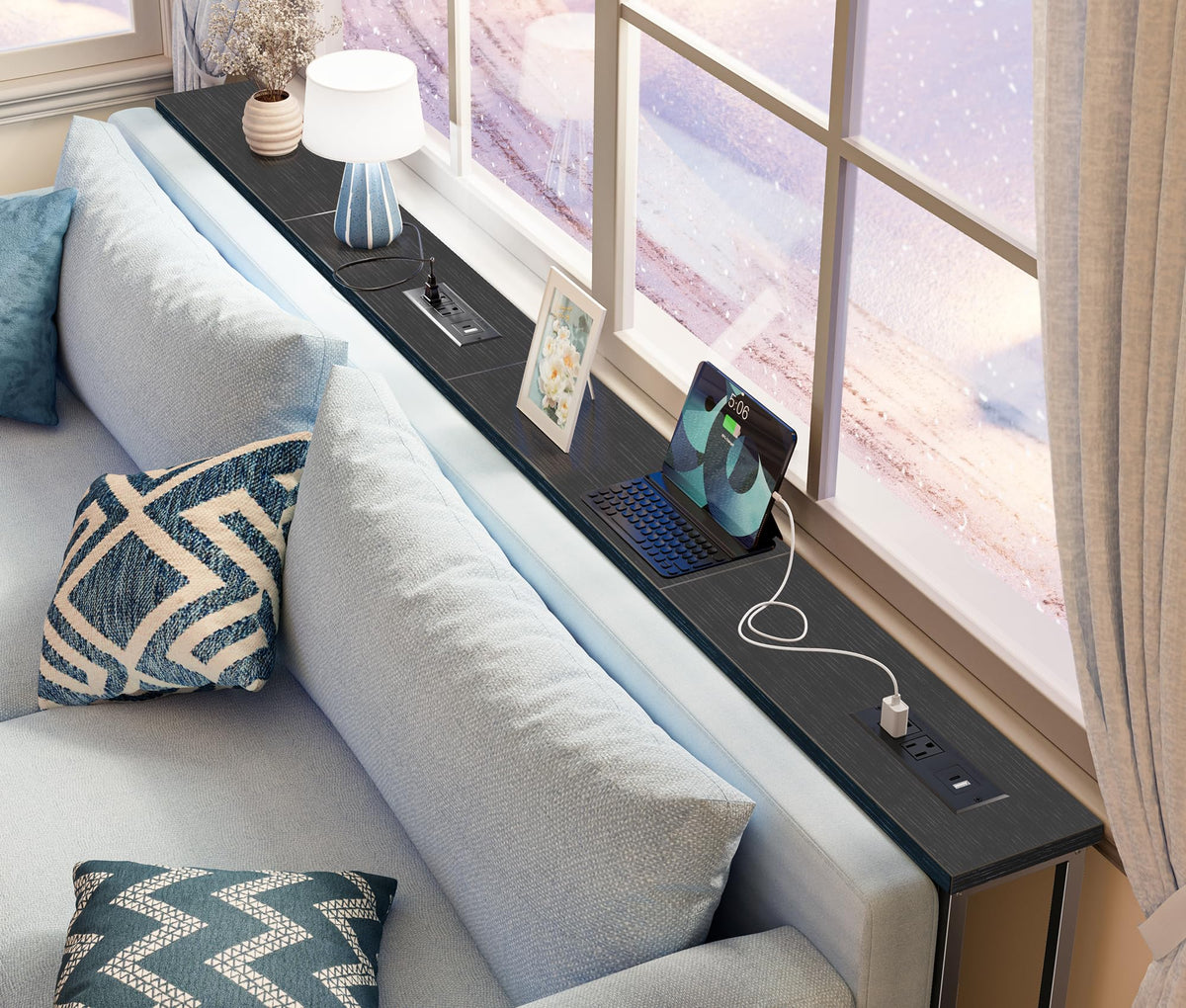 SUPERJARE 110.2 inch Narrow Behind Couch Table with Charging Stations