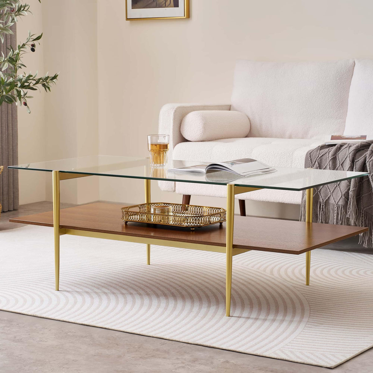 LumFurn Round Coffee Table for Living Room, Mid-Century Modern Design, D30 x H17, 2-Tier Structure, Grey Glass Top and Black Marble Finish Wood Shelf, Sleek Conical Metal Legs with Gold Finish Frame